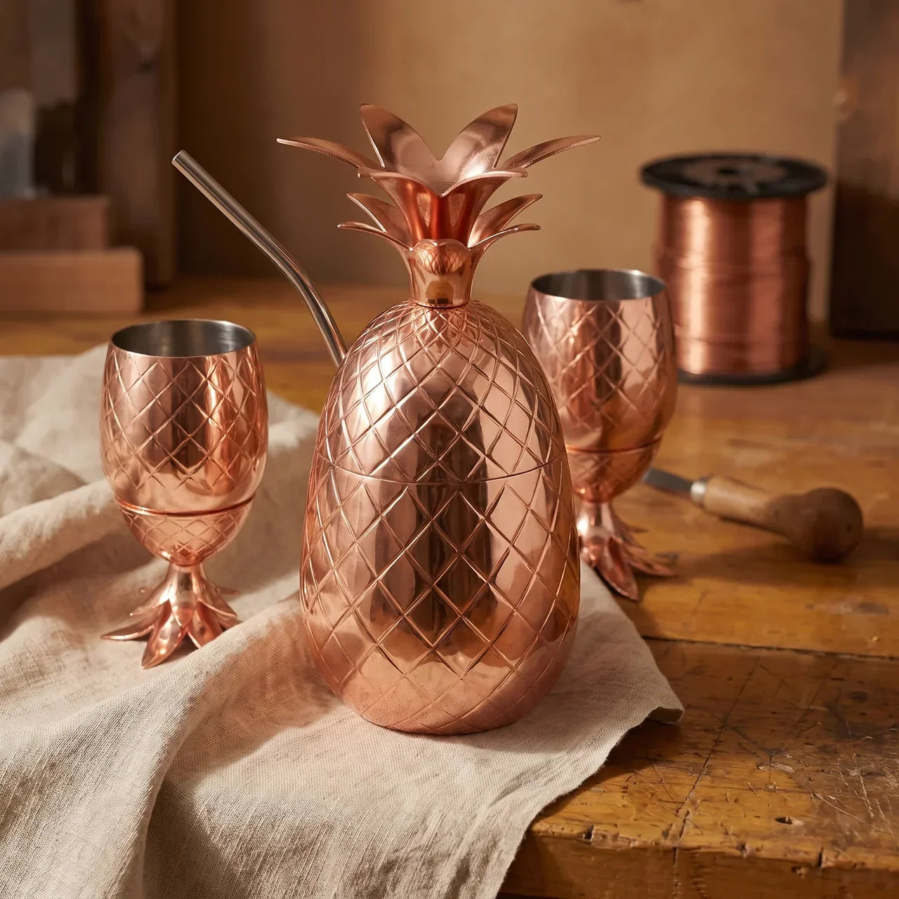 Juego de Vasos de Piña de Cobre Martillado